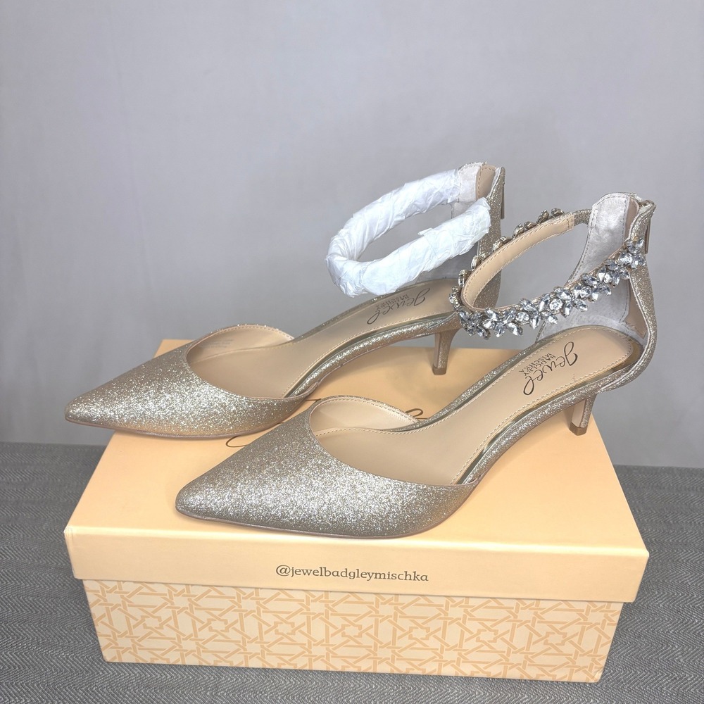NWT Jewel Badgley‎ Mischka Robles Gold Glitter Kitten Heel Womens 9.5 Crystal